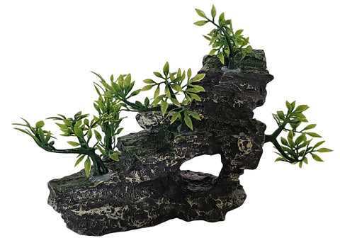 Aquarium Rock Decor With Artificial Plants - 13cm High x 19cm Wide